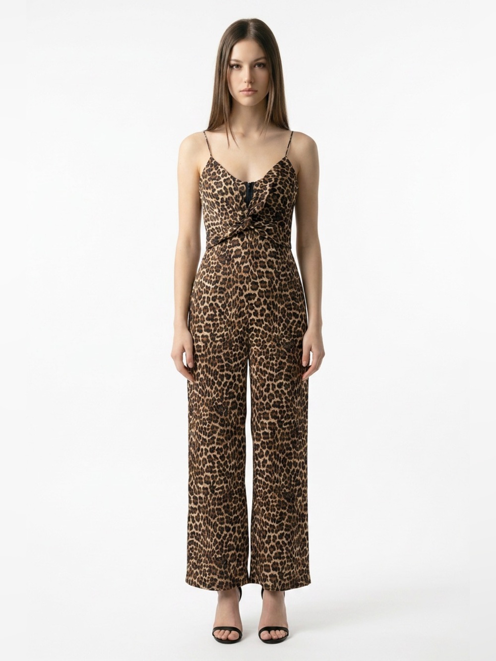 Zara Leopard-Print Spaghetti Strap Jumpsuit in Brown and Black SZ SMALL